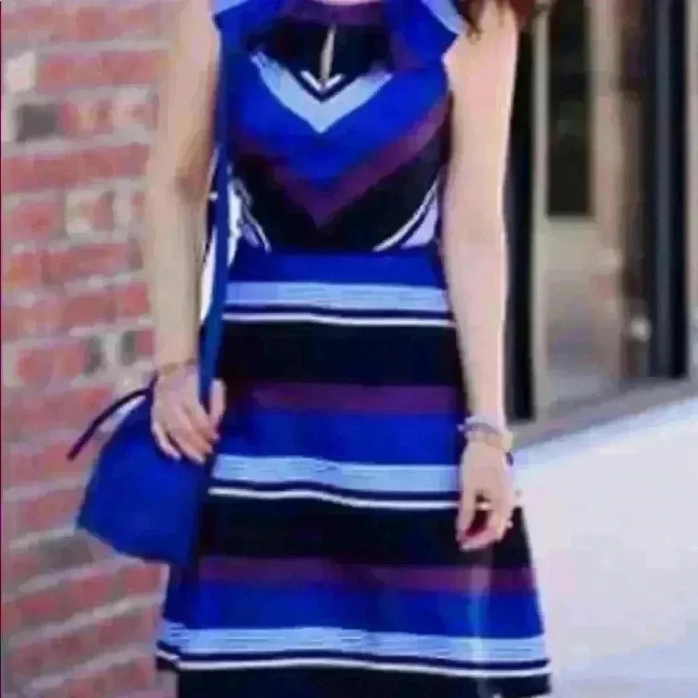 Banana Republic 100%  silk  blue, black, white and dark purple striped dress.